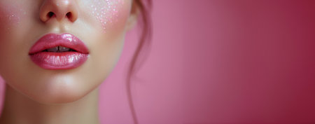 A woman with red lipstick on her lips.の素材