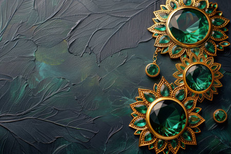 A detailed close-up of a vivid green necklace laid on a sleek black surface, showing intricate design and vibrant color.の素材
