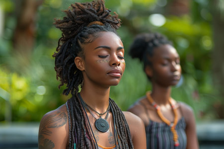 Two women with dreadlocks standing side by side.の素材
