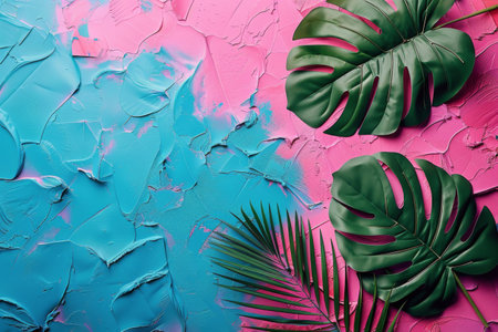 Painting featuring green leaves against a pink and blue background.の素材