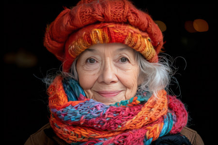 A woman wearing a hat and a scarf, standing outdoors.の素材