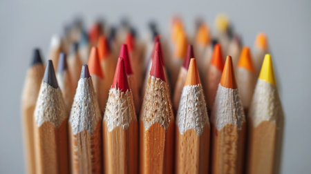 Detailed view of a row of colorful pencils lined up in a close formation.の素材