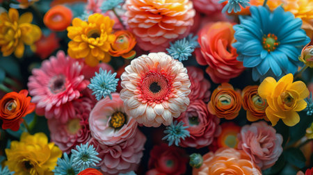 Various colorful flowers arranged neatly in a bunch placed on a wooden table.の素材