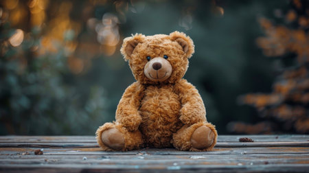 A brown teddy bear is seated on top of a wooden table.の素材
