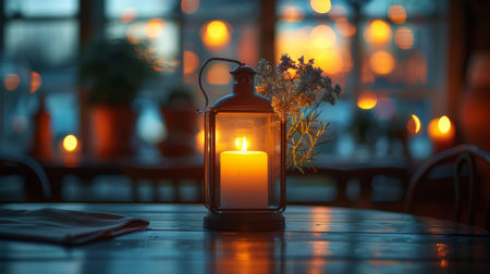 A lantern is placed on a table next to a vase filled with colorful flowers.の素材