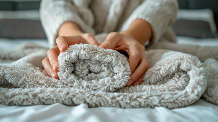 A person sitting on a bed, reaching out to touch a soft blanket.の素材