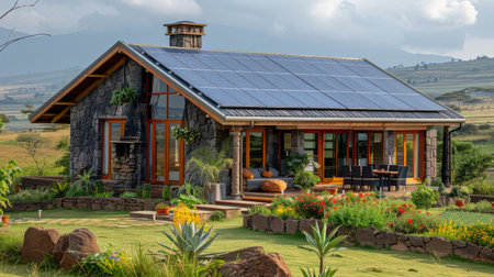 A modern house with a solar panel installed on its roof, harnessing renewable energy from the sun.の素材