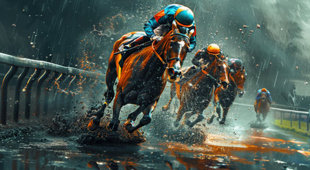 A group of jockeys in colorful racing silks are riding their horses through a downpour, splashing through puddles on the track.の素材