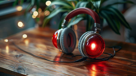 Two headphones placed neatly on a wooden table.の素材