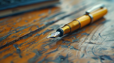 A fountain pen is placed on a wooden table, creating a simple yet elegant composition.の素材