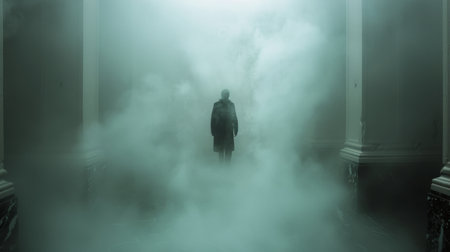 A man stands in a hallway enveloped by thick fog, casting an eerie atmosphere in the dimly lit space.の素材