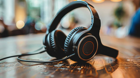 Two headphones placed neatly on a wooden table.の素材