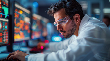 A man in a lab coat concentrating on his computer screen, analyzing data and conducting research in a scientific laboratory setting.の素材