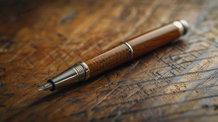 A black pen rests atop a smooth wooden table, casting a slight shadow in the soft light.の素材