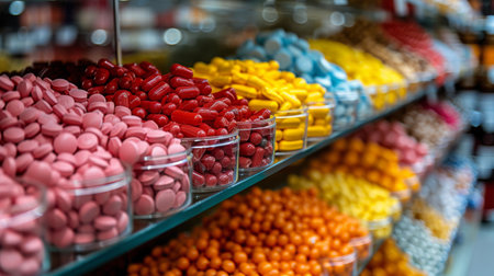 Multiple transparent glass jars lined up, each filled to the brim with yellow, orange, and white candy corn candies.の素材