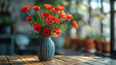 A blue vase is filled with vibrant red flowers, placed on top of a table.の素材
