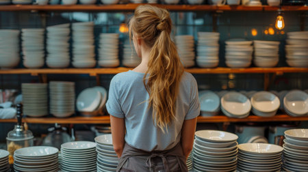 A woman stands in front of neatly stacked plates, showing a collection of tableware.の素材