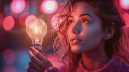 A woman is holding a light bulb in her hand.の素材