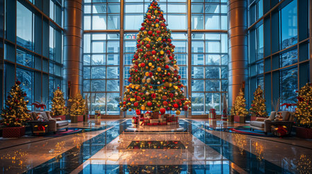 A Christmas tree decorated with lights and ornaments stands in the center of a lobby, surrounded by festive decorations and holiday cheer.の素材