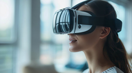 A woman immersed in virtual reality experience while wearing a headset.の素材