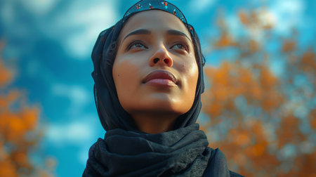 A woman wearing a headscarf gazes up at the sky with an expression of curiosity and wonder.の素材