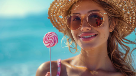 A woman wearing a straw hat and sunglasses holds a lollipop in her hand.の素材