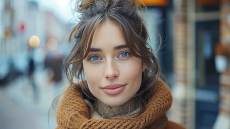 A woman with striking blue eyes is wearing a stylish hat and a warm scarf.の素材