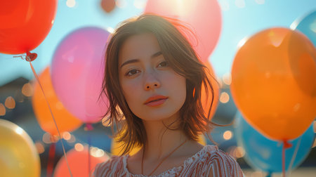 A woman stands in front of a colorful bunch of balloons.の素材