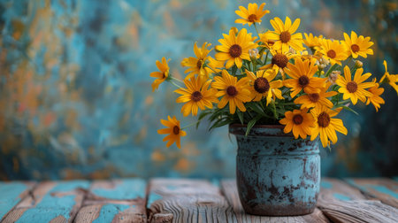 A vase filled with bright yellow flowers sits atop a wooden table.の素材