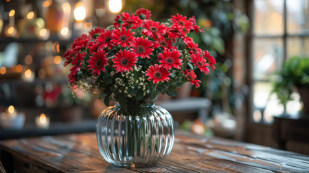 A blue vase is filled with vibrant red flowers, placed on top of a table.の素材