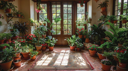 A room overflowing with numerous potted plants of various sizes and types, creating a lush and vibrant indoor garden.の素材