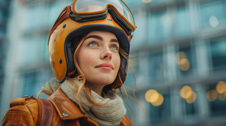 A woman wearing a helmet and scarf.の素材