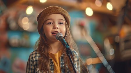 A young girl is enthusiastically singing into a microphone, showing her passion for music and performance.の素材