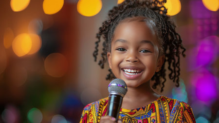 A young girl holding a microphone in her hand, ready to speak or sing into it.の素材