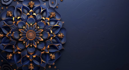 A blue wall with intricate gold flower designs painted on it.の素材