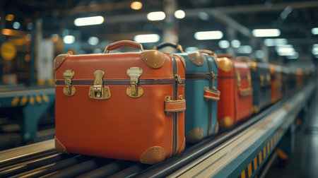 Luggage bags in a row are moving on a conveyor belt in a transportation facility.の素材