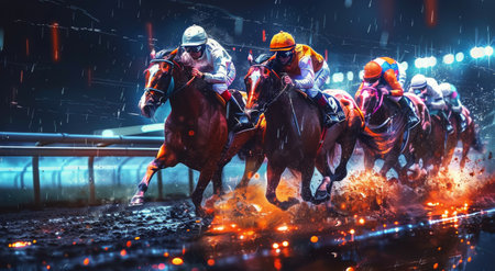 A painting depicting two jockeys vigorously racing their horses in the midst of a heavy rainstorm.の素材