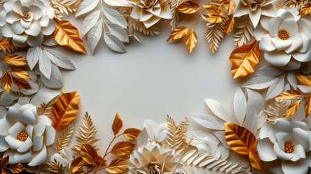 A white wall with intricate gold featuring leaves scattered across the surface.の素材
