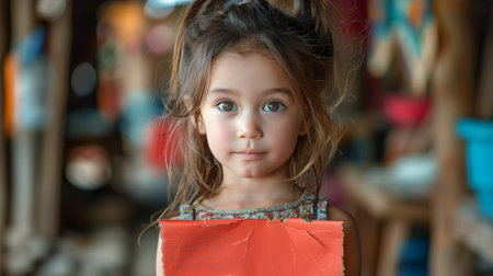 A young girl holding a vibrant red book in her hands.の素材