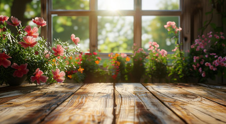A wooden table with a vase of vibrant pink flowers sits in front of a bright window, creating a simple and charming scene.の素材
