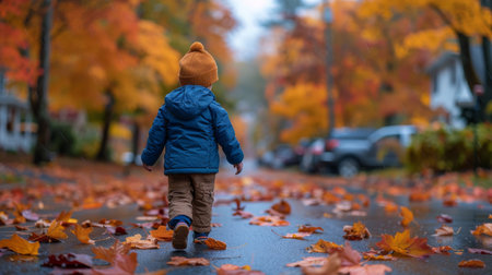 A young boy is walking alone along a road surrounded by autumn foliage on a fall day.の素材