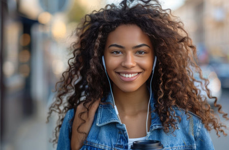 A woman dressed in a denim jacket wearing headphones.の素材