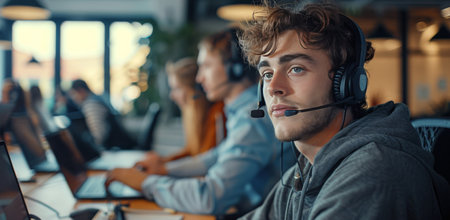 A man seated at a computer desk wearing a headset, looking focused on the screen in front of him.の素材