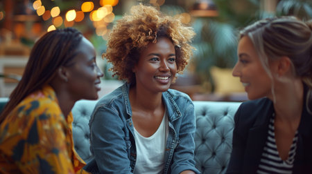 Three women engaged in conversation while seated on a couch.の素材