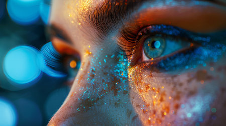 A detailed view of a womans face, showing prominent freckles scattered across her cheeks and nose.の素材