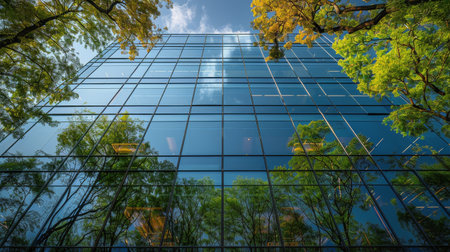 A very tall glass building stands surrounded by a dense cluster of trees, creating a stark contrast between nature and modern architecture.の素材