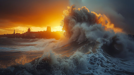 A powerful and large wave crashes in the vast ocean, creating a dramatic scene of natural force and motion.の素材