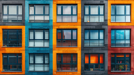 A multicolored building featuring various windows and balconies.の素材