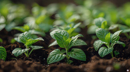 A cluster of small green plants sprouting from the soil in a garden.の素材