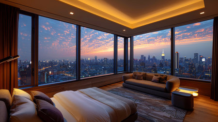 A bedroom with a view of city buildings and lights at night.の素材